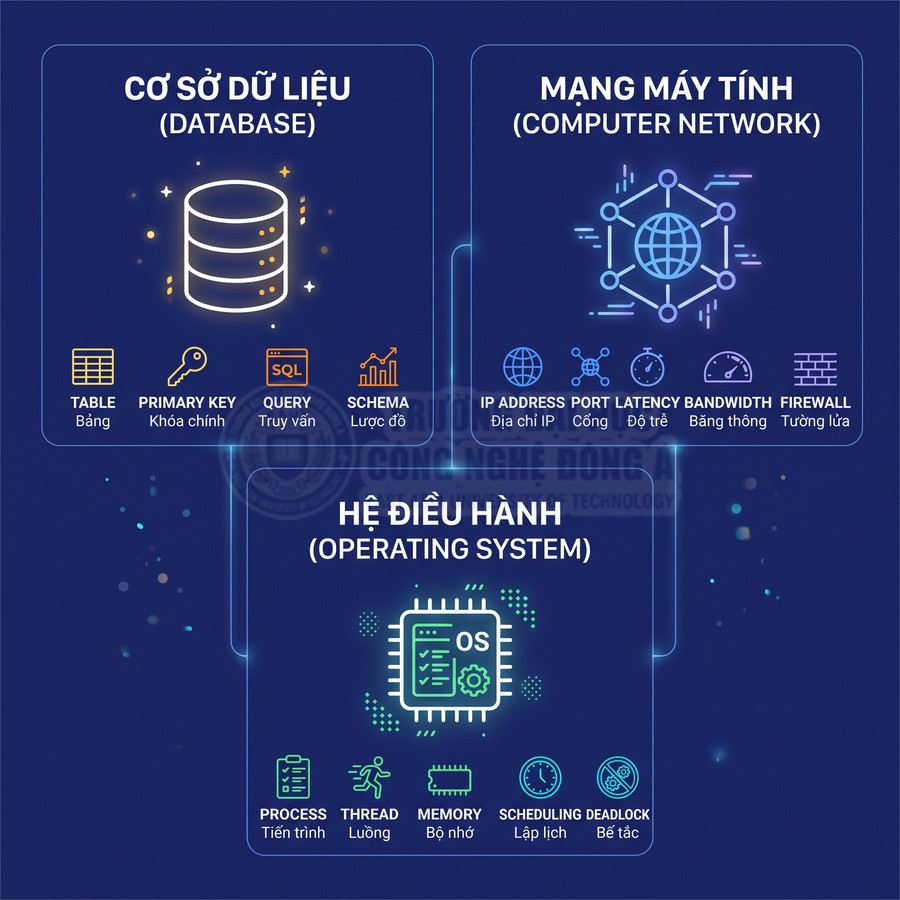 Infographic kiến thức cơ sở dữ liệu, mạng máy tính và hệ điều hành với biểu tượng minh họa trực quan