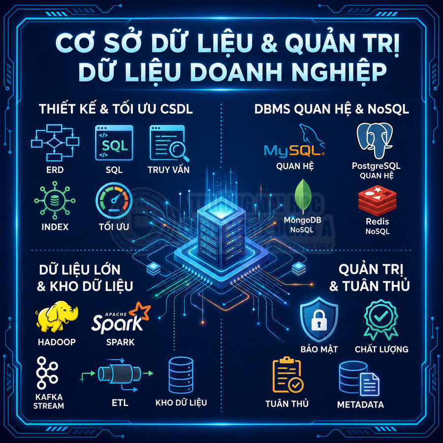 Sơ đồ tổng quan cơ sở dữ liệu doanh nghiệp với MySQL, PostgreSQL, MongoDB, Redis, Hadoop, Spark, Kafka, ETL, bảo mật