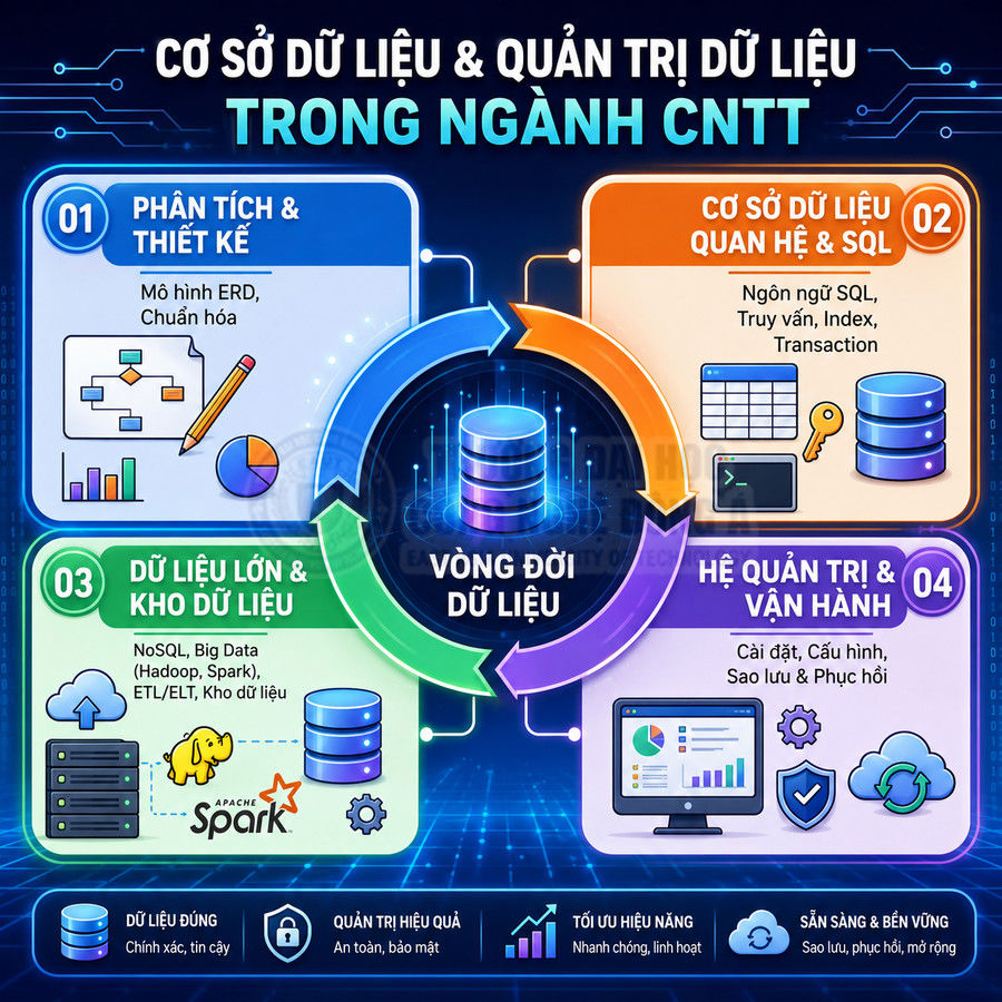 Infographic vòng đời dữ liệu và quản trị cơ sở dữ liệu trong ngành CNTT với các bước phân tích, SQL, big data và vận hành