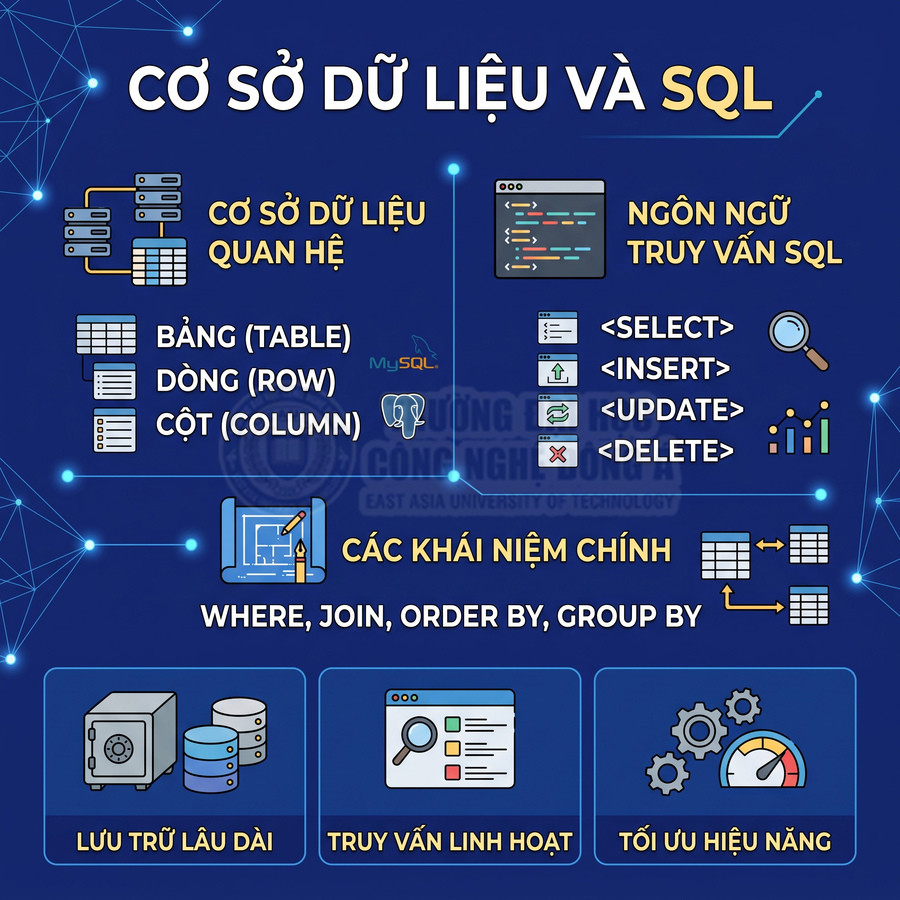 Infographic giới thiệu cơ sở dữ liệu quan hệ và ngôn ngữ truy vấn SQL cùng các khái niệm chính