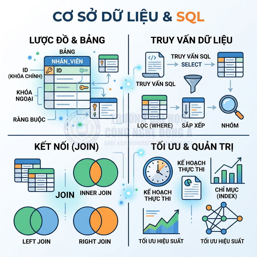 Infographic kiến thức cơ sở dữ liệu và SQL với bảng nhân viên, truy vấn, join, tối ưu hiệu suất và quản trị dữ liệu
