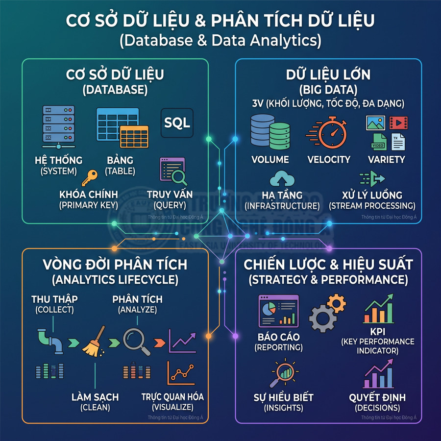 Sơ đồ tổng quan cơ sở dữ liệu và phân tích dữ liệu với database, big data, vòng đời phân tích và chiến lược hiệu suất