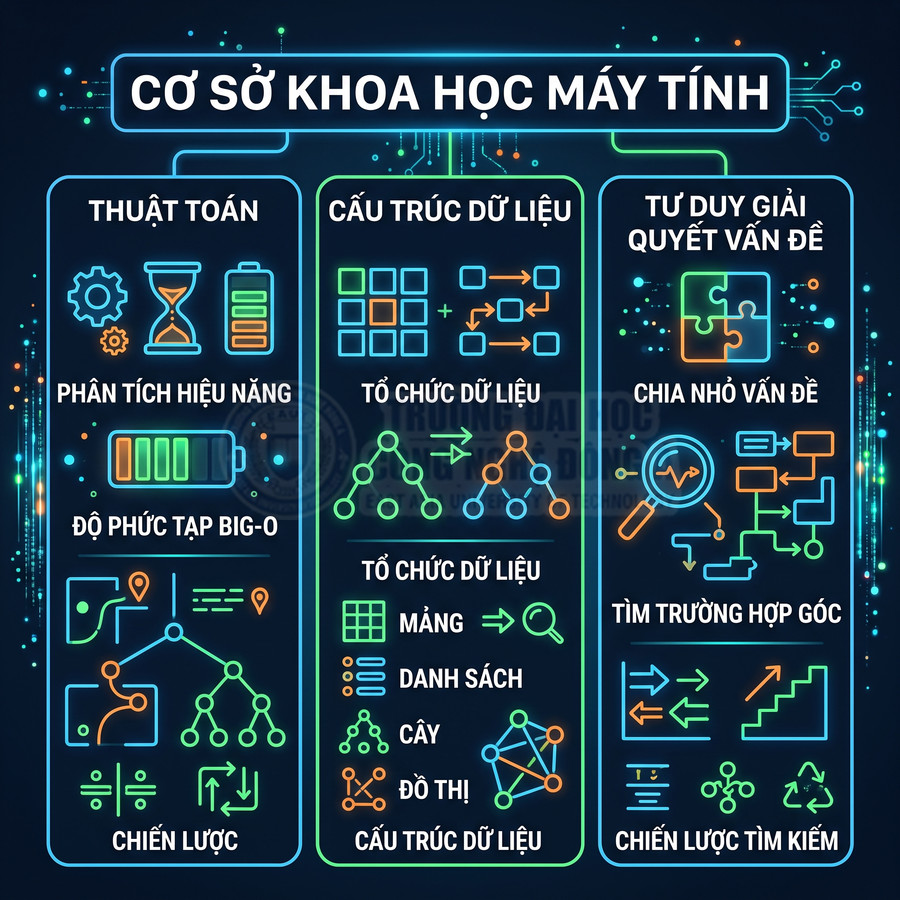 Infographic tiếng Việt giới thiệu cơ sở khoa học máy tính về thuật toán, cấu trúc dữ liệu và tư duy giải quyết vấn đề