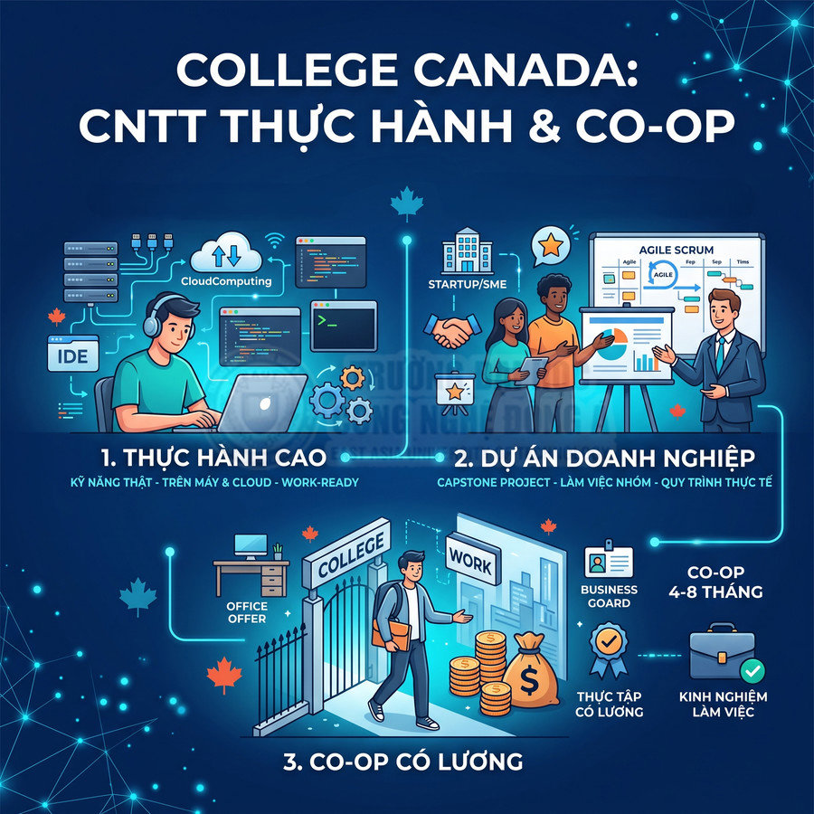 Poster giới thiệu chương trình học CNTT thực hành và co-op có lương tại college Canada