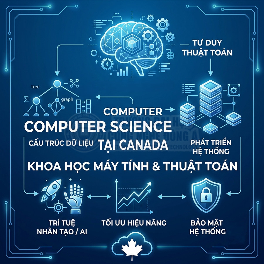 Poster giới thiệu ngành Computer Science tại Canada với các lĩnh vực AI, cấu trúc dữ liệu, bảo mật và phát triển hệ thống