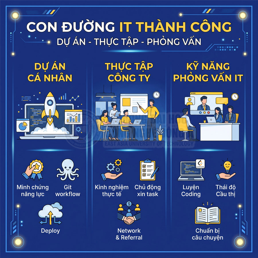 Con đường IT thành công với dự án cá nhân, thực tập công ty và kỹ năng phỏng vấn IT minh họa trực quan