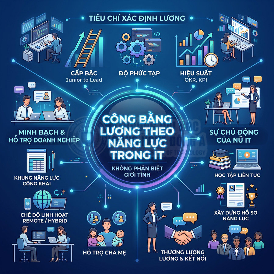 Infographic về công bằng lương theo năng lực trong ngành IT với các tiêu chí đánh giá và hỗ trợ nhân sự