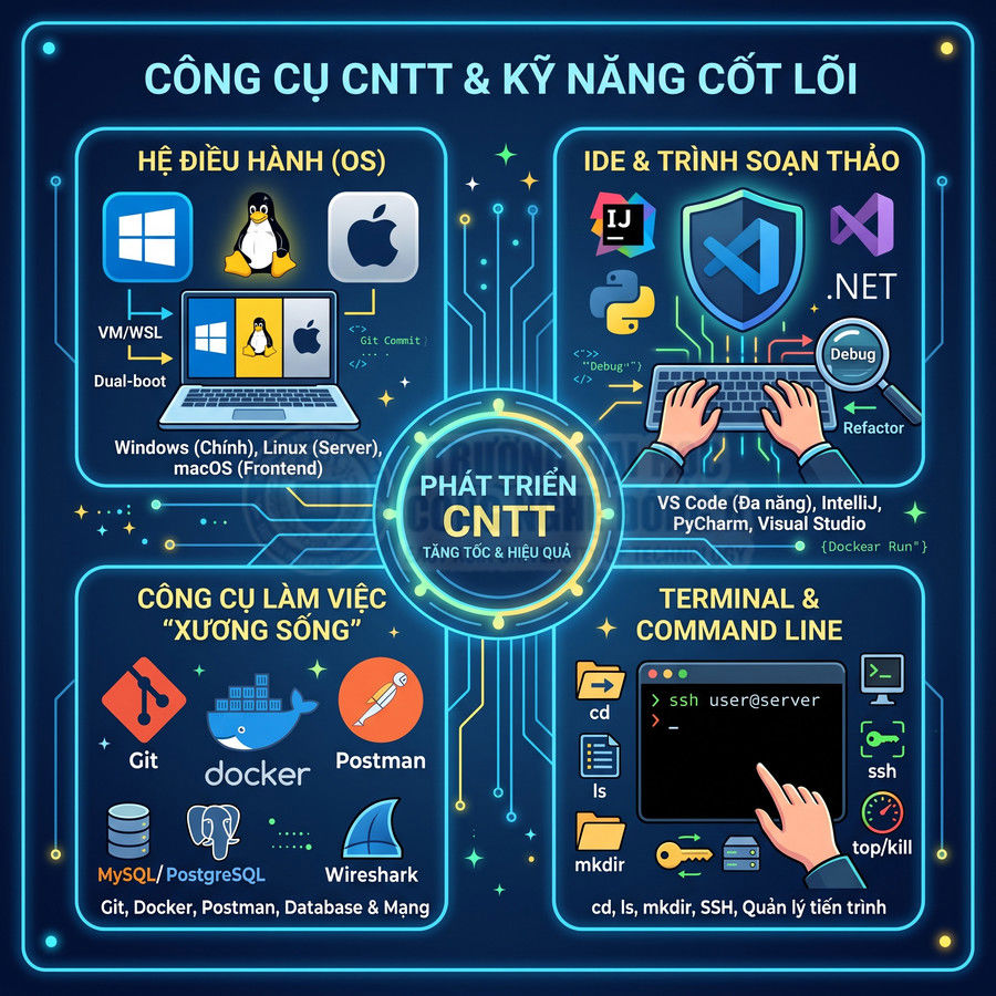 Infographic công cụ CNTT cốt lõi: hệ điều hành, IDE, Git, Docker, Postman, MySQL, PostgreSQL, Wireshark, terminal