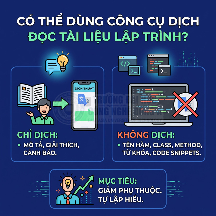 Hướng dẫn dùng công cụ dịch đọc tài liệu lập trình, chỉ dịch mô tả giải thích, không dịch tên hàm và code