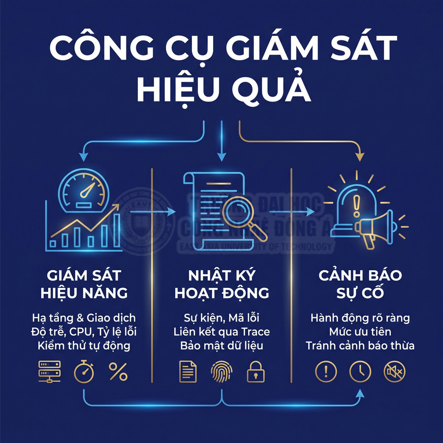 Công cụ giám sát hệ thống với theo dõi hiệu năng, nhật ký hoạt động và cảnh báo sự cố