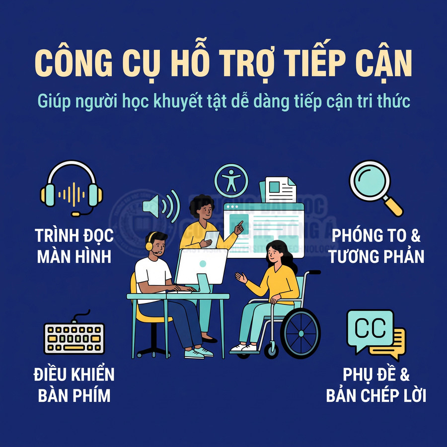 Công cụ hỗ trợ người học khuyết tật gồm trình đọc màn hình, phóng to, điều khiển bàn phím, phụ đề và bản chép lời