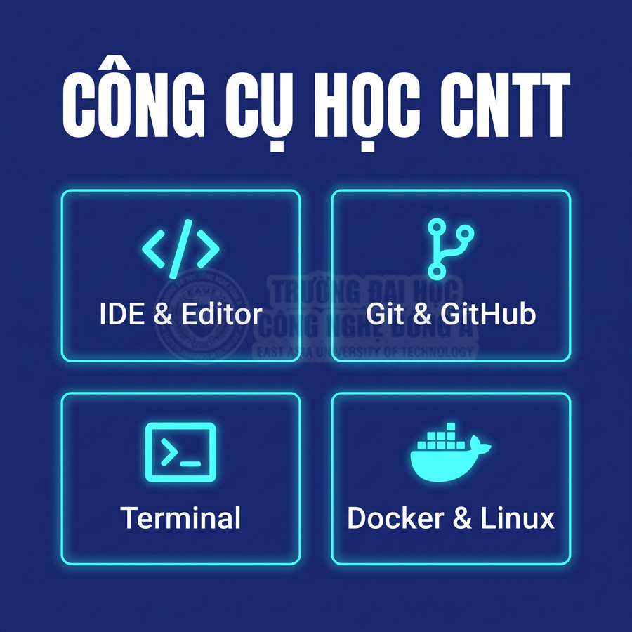 Công cụ học CNTT gồm IDE Editor Git GitHub Terminal Docker và Linux trên nền xanh