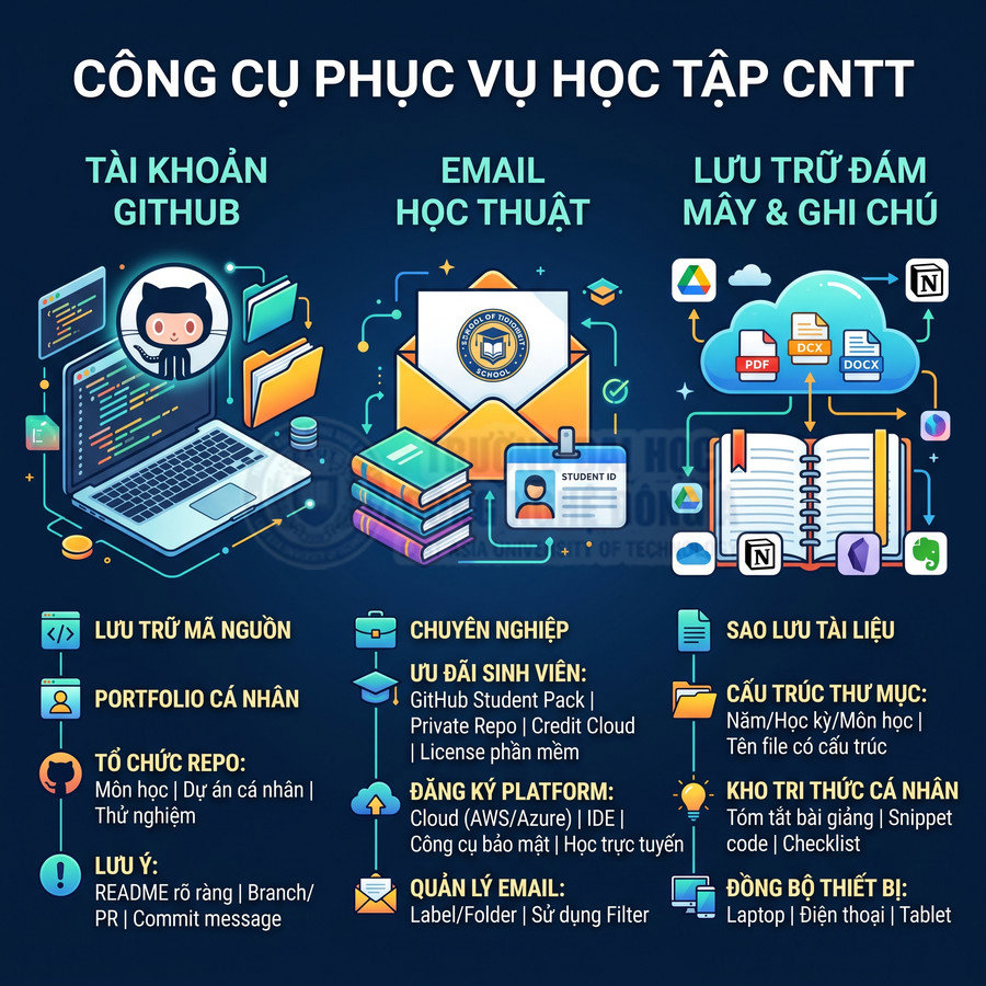 Công cụ phục vụ học tập CNTT với tài khoản GitHub, email học thuật và lưu trữ đám mây, ghi chú tài liệu