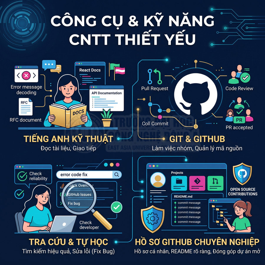 Infographic công cụ và kỹ năng CNTT thiết yếu như tiếng Anh kỹ thuật, GitHub, tra cứu tự học và xây dựng hồ sơ GitHub