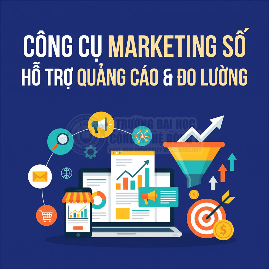 Công cụ marketing số hỗ trợ quảng cáo và đo lường hiệu quả qua laptop, điện thoại, biểu đồ và phễu chuyển đổi