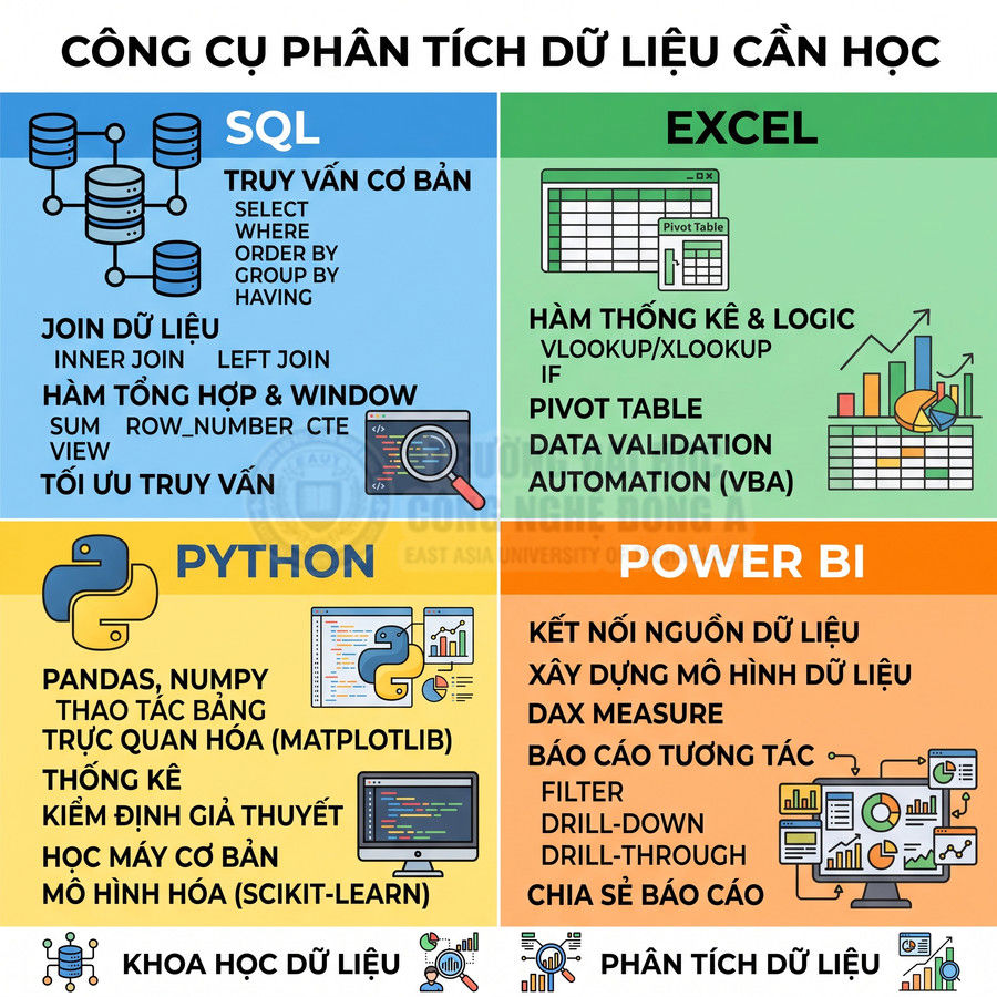 Infographic các công cụ phân tích dữ liệu cần học gồm SQL, Excel, Python và Power BI cùng kỹ năng chính