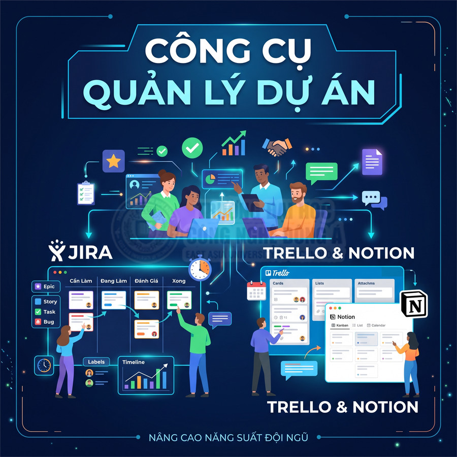 Minh họa công cụ quản lý dự án Jira Trello Notion với giao diện bảng công việc và nhóm làm việc