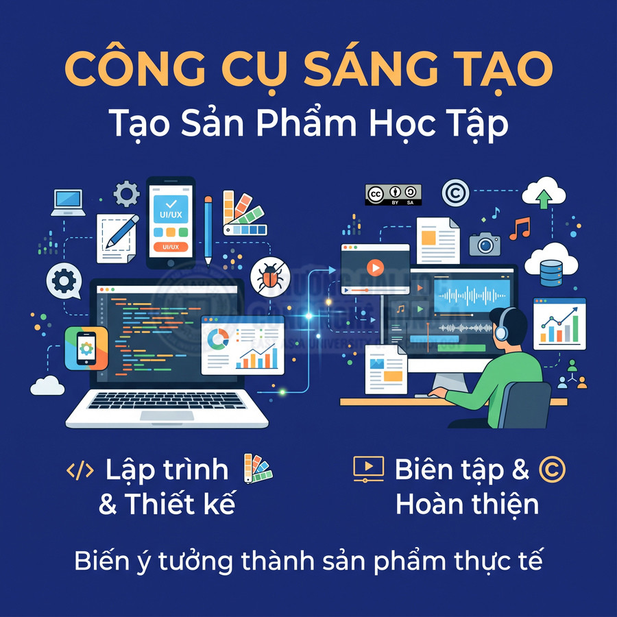 Công cụ sáng tạo sản phẩm học tập với lập trình, thiết kế và biên tập nội dung số trên máy tính laptop