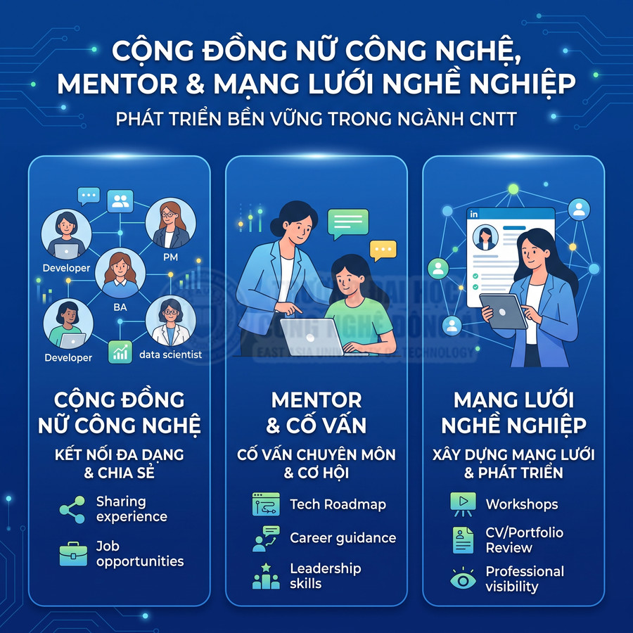 Poster giới thiệu cộng đồng nữ công nghệ, mentor và mạng lưới nghề nghiệp trong ngành CNTT