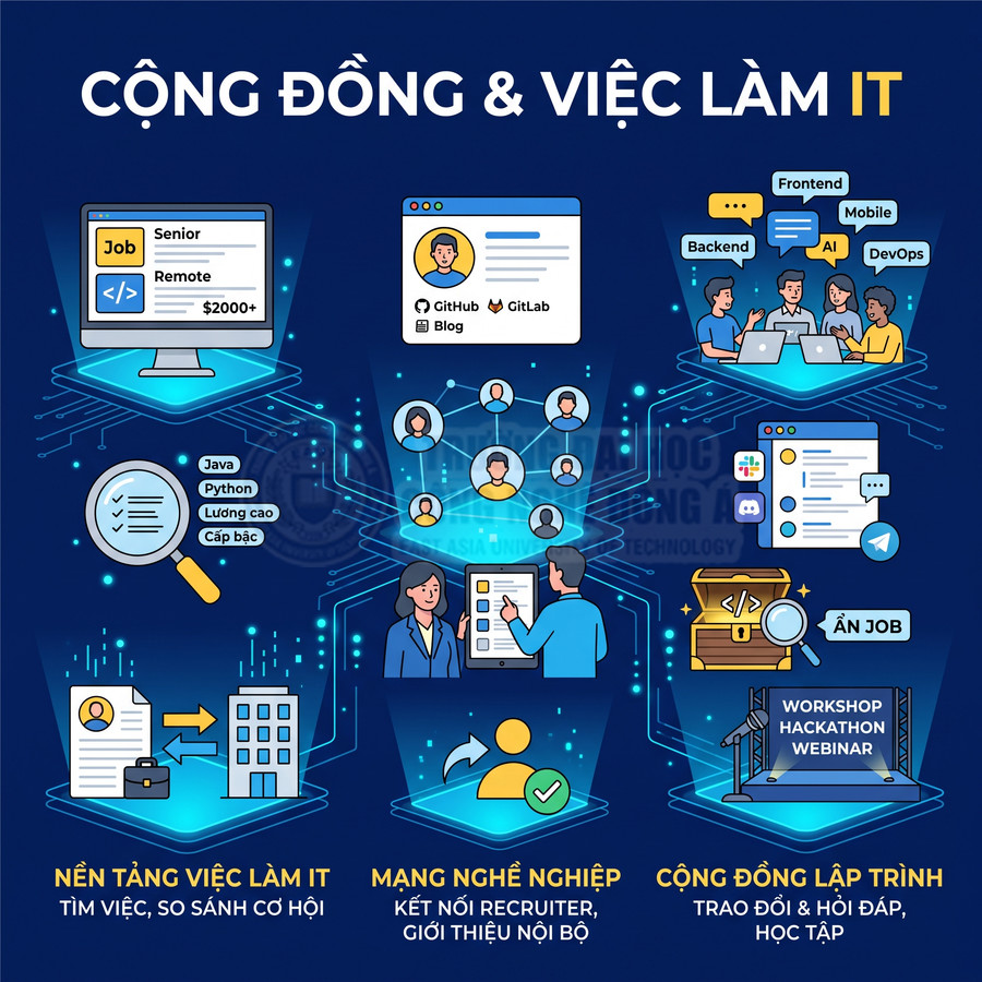 Minh họa cộng đồng và việc làm IT với nền tảng tìm việc, mạng nghề nghiệp và cộng đồng lập trình viên