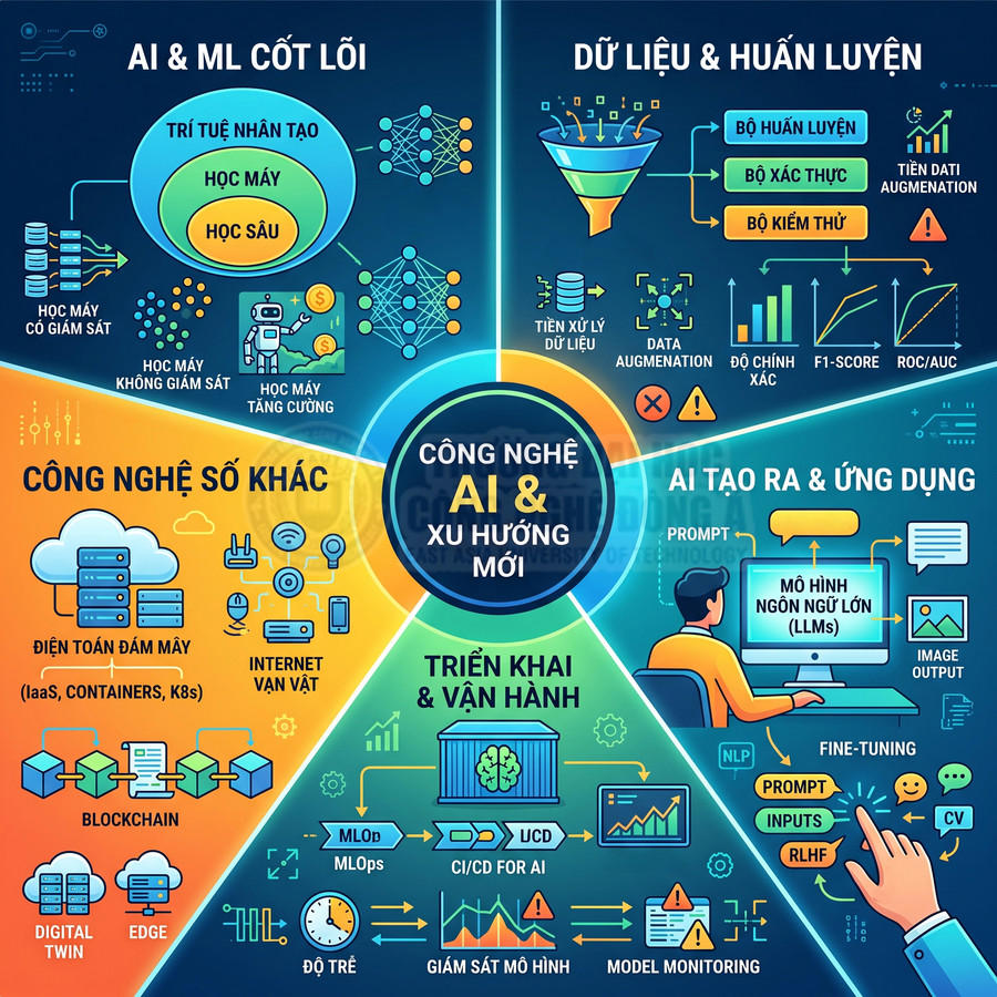 Infographic tổng quan công nghệ AI, học máy, dữ liệu huấn luyện, triển khai và ứng dụng mô hình ngôn ngữ lớn