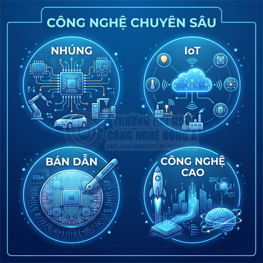 Minh họa các lĩnh vực công nghệ nhúng, IoT, bán dẫn và công nghệ cao với vi mạch, robot, nhà máy, tên lửa