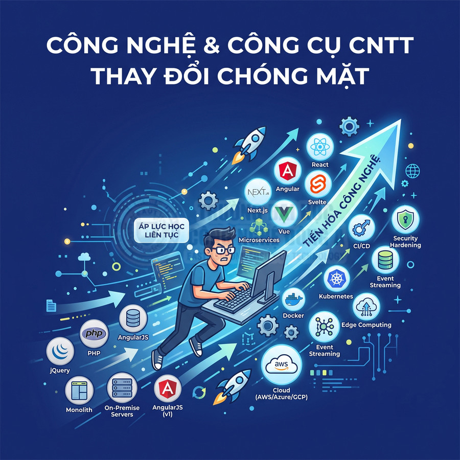 Lập trình viên học công nghệ mới như React, Angular, Vue, Next.js, Docker, Kubernetes, Cloud và CI/CD trên nền xanh