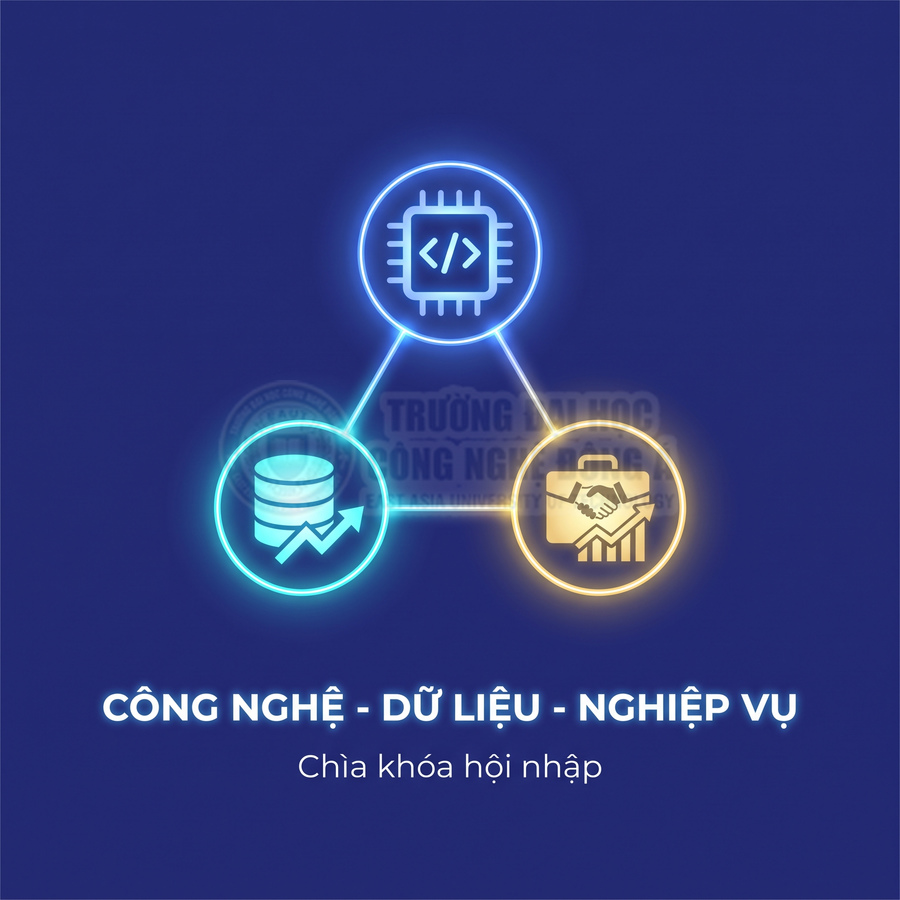 Minh họa tam giác công nghệ dữ liệu nghiệp vụ với biểu tượng chip, cơ sở dữ liệu và bắt tay kinh doanh