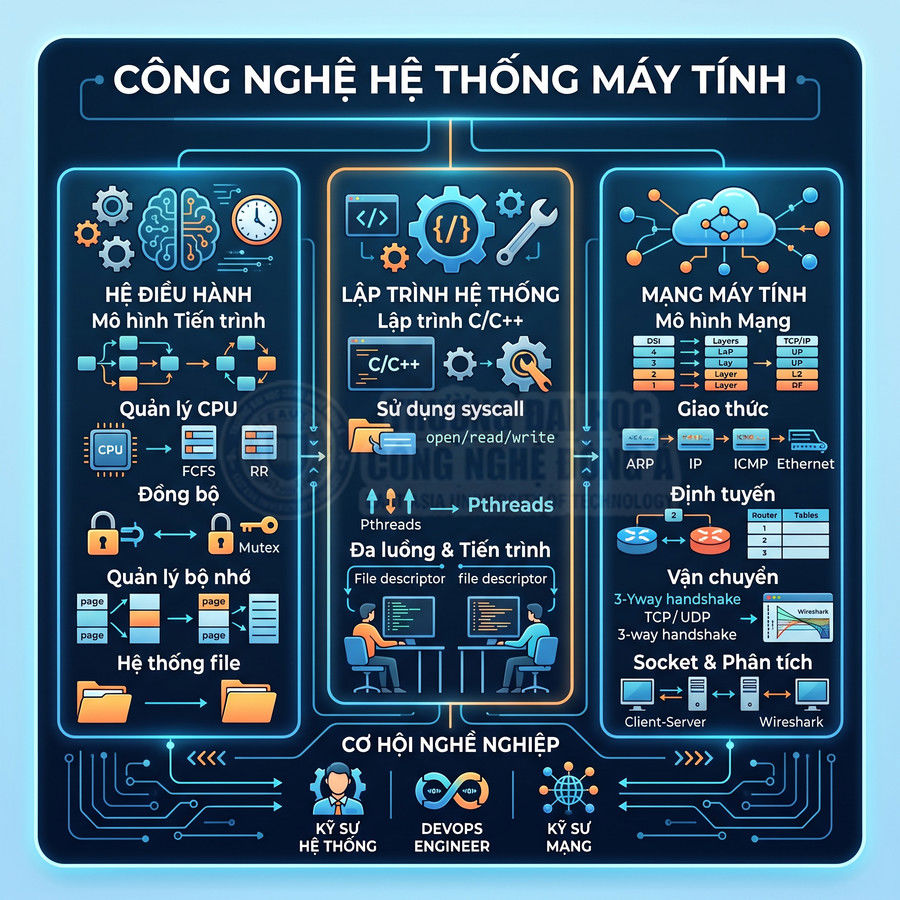 Infographic công nghệ hệ thống máy tính với hệ điều hành, lập trình C C++ và mạng máy tính, kèm cơ hội nghề nghiệp IT