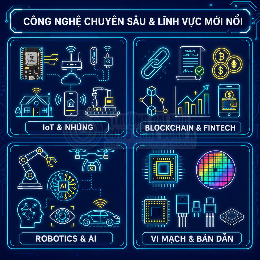 Minh họa các lĩnh vực công nghệ mới nổi gồm IoT, blockchain fintech, robot AI và vi mạch bán dẫn