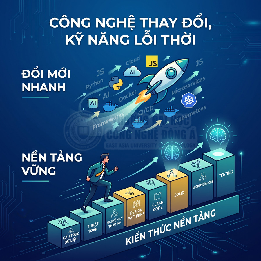 Minh họa lập trình viên học kiến thức nền tảng để bắt kịp công nghệ mới như AI, cloud, Docker, microservices