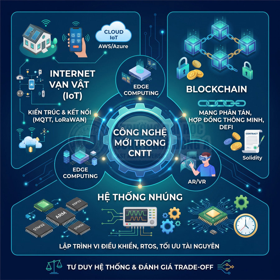 Infographic công nghệ mới trong CNTT với IoT, blockchain, điện toán biên, AR VR và hệ thống nhúng