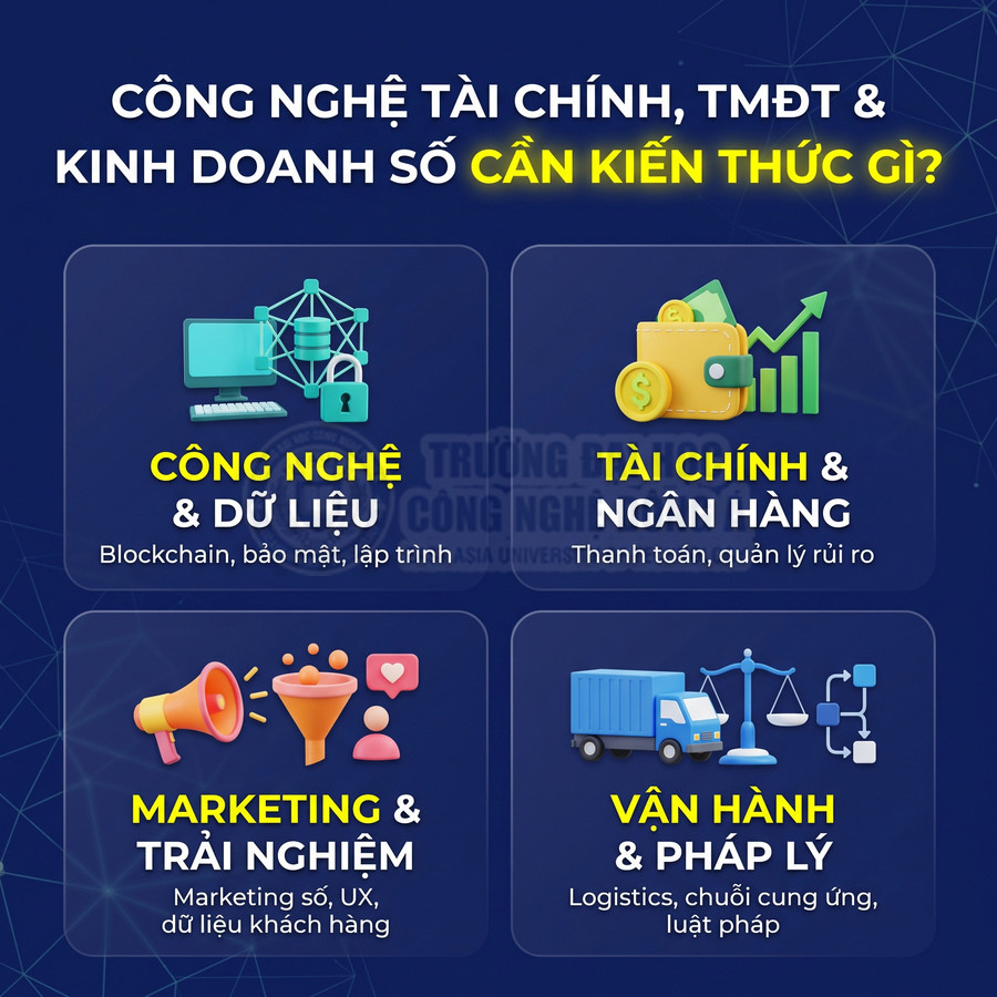 Infographic về kiến thức cần có trong công nghệ tài chính, thương mại điện tử và kinh doanh số, gồm công nghệ, tài chính, marketing, vận hành và pháp lý