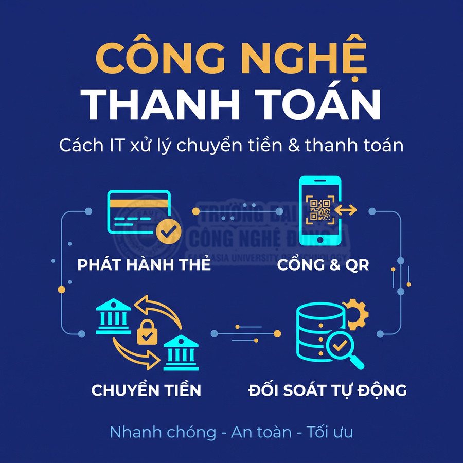 Công nghệ thanh toán với phát hành thẻ, cổng QR, chuyển tiền và đối soát tự động