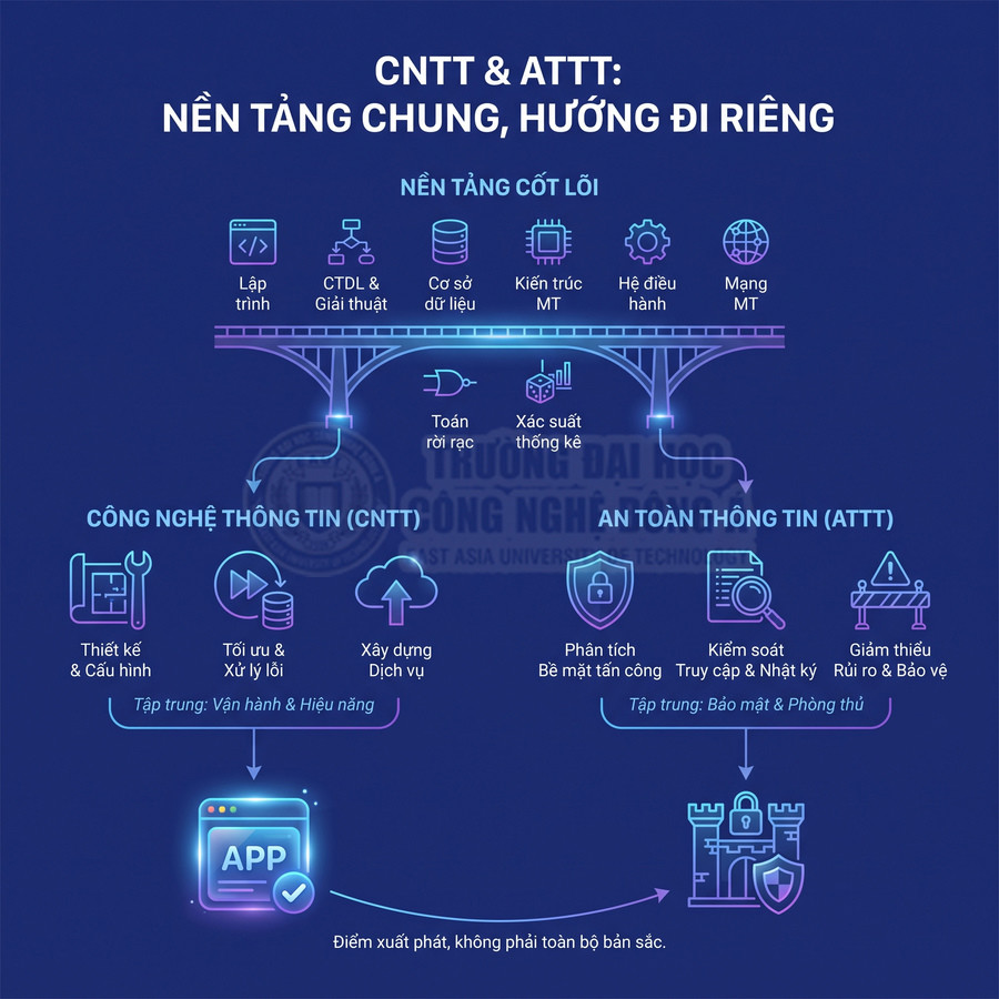 CNTT và an toàn thông tin cùng nền tảng cốt lõi nhưng tập trung vào hiệu năng và bảo mật riêng biệt
