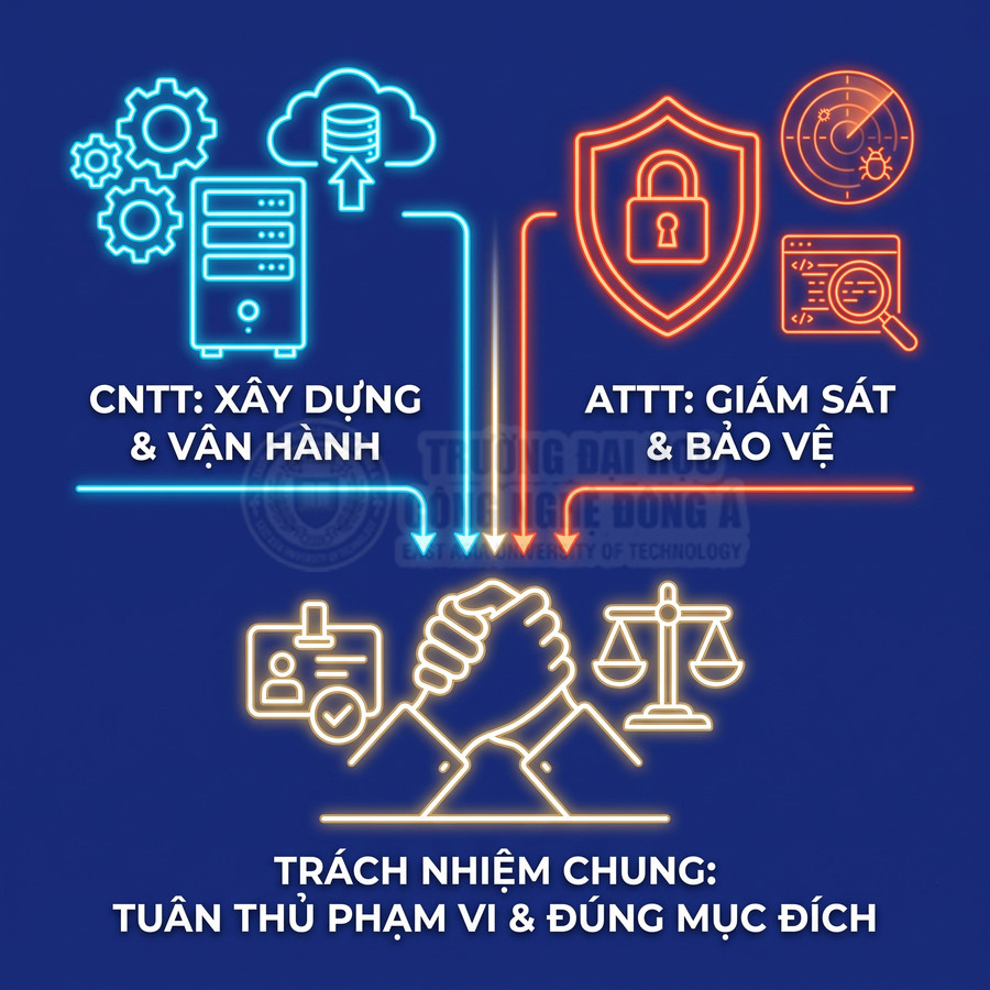 Công nghệ thông tin xây dựng và vận hành, an toàn thông tin giám sát và bảo vệ, cùng tuân thủ phạm vi và đúng mục đích
