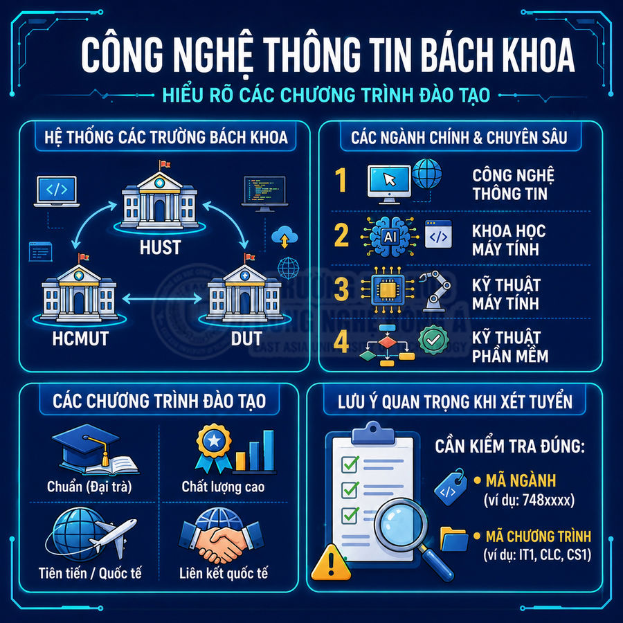 Infographic giới thiệu các ngành và chương trình đào tạo công nghệ thông tin tại hệ thống trường Bách khoa
