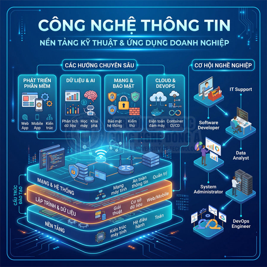 Sơ đồ ngành công nghệ thông tin với các chuyên ngành, kỹ năng nền tảng và cơ hội nghề nghiệp trong doanh nghiệp