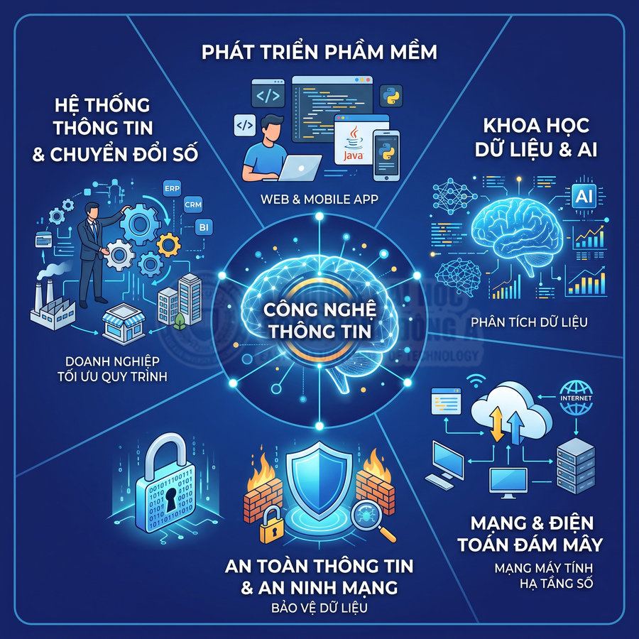 Các lĩnh vực công nghệ thông tin gồm phát triển phần mềm, dữ liệu AI, an ninh mạng, chuyển đổi số và điện toán đám mây
