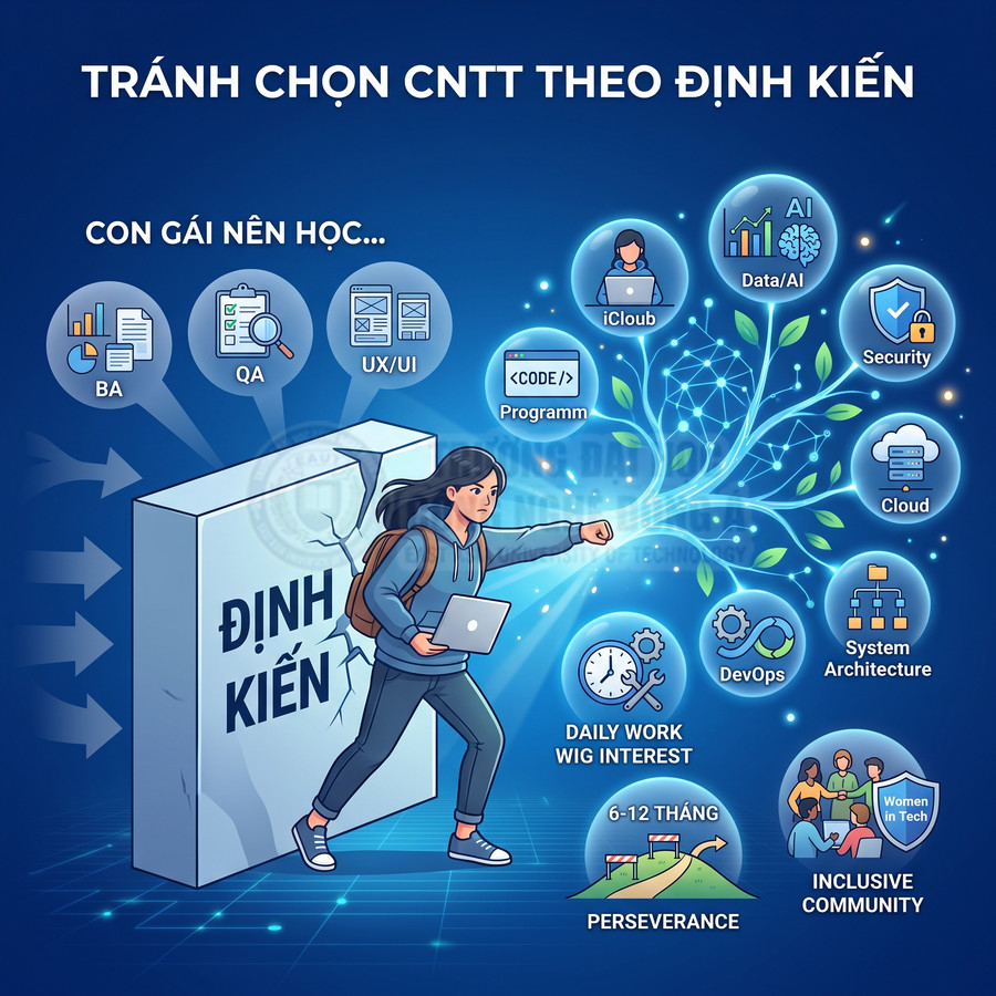 Cô gái cầm laptop đấm vỡ bức tường định kiến để theo đuổi các ngành nghề công nghệ thông tin đa dạng