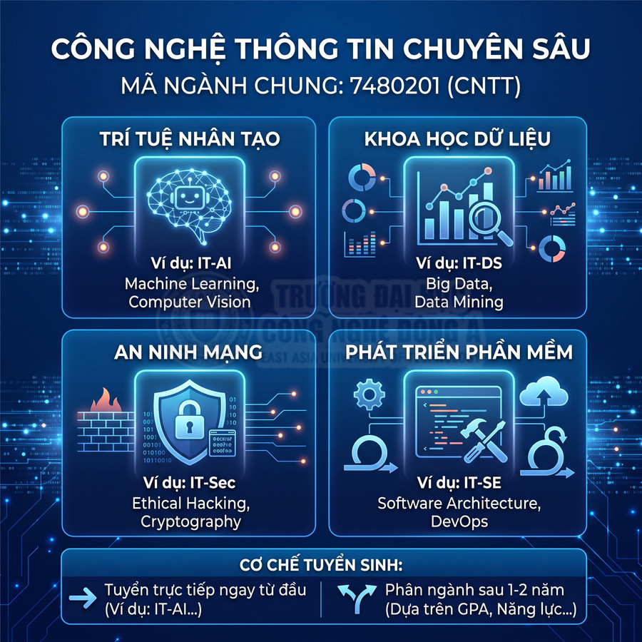 Infographic ngành công nghệ thông tin chuyên sâu với các lĩnh vực AI, khoa học dữ liệu, an ninh mạng, phát triển phần mềm