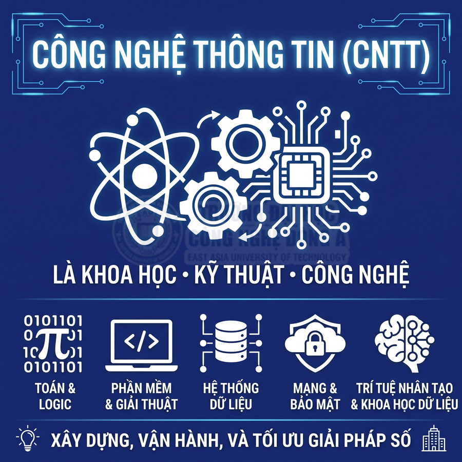 Poster giới thiệu ngành công nghệ thông tin với các biểu tượng khoa học, lập trình, dữ liệu, bảo mật và trí tuệ nhân tạo