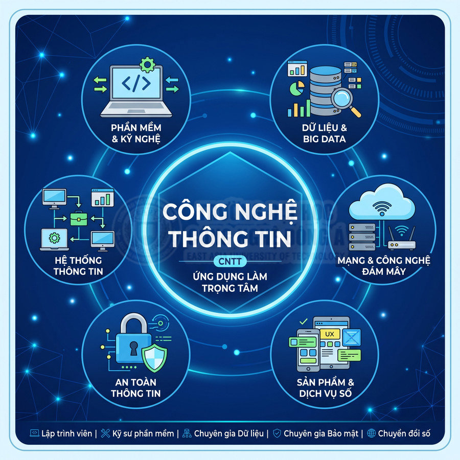 Mô hình các lĩnh vực công nghệ thông tin gồm phần mềm, dữ liệu, hệ thống, an toàn, mạng đám mây và sản phẩm số