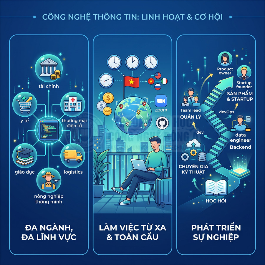 Minh họa ngành công nghệ thông tin với cơ hội đa lĩnh vực, làm việc từ xa toàn cầu và lộ trình phát triển sự nghiệp