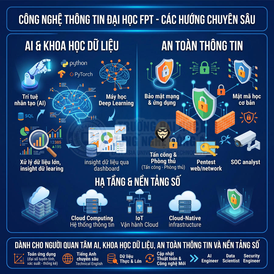 Infographic các chuyên ngành AI, khoa học dữ liệu, an toàn thông tin, hạ tầng và nền tảng số tại Đại học FPT