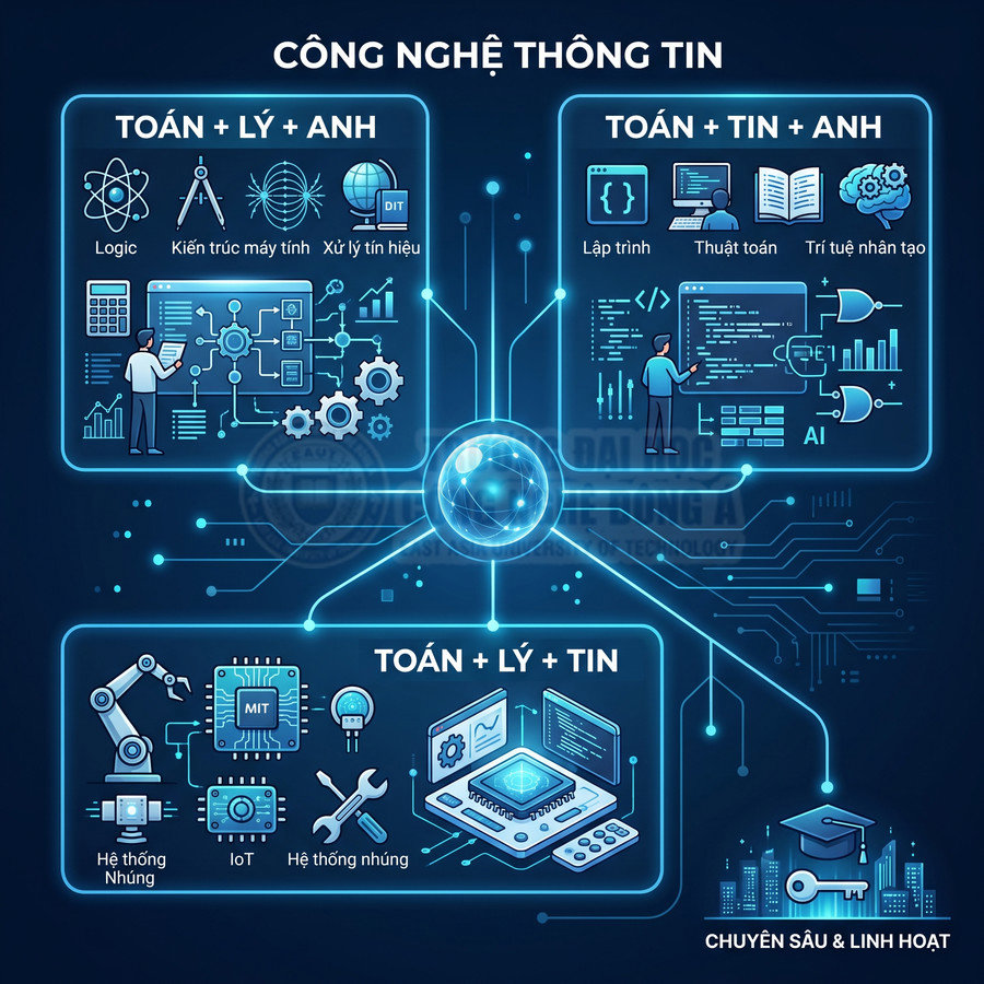 Infographic ngành công nghệ thông tin với các tổ hợp môn Toán Lý Anh, Toán Tin Anh, Toán Lý Tin