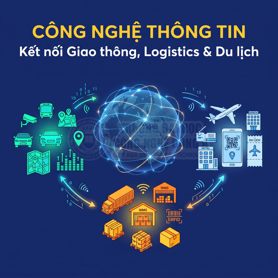 Công nghệ thông tin kết nối giao thông, logistics và du lịch qua mạng lưới dữ liệu toàn cầu, xe cộ, kho hàng và dịch vụ du lịch