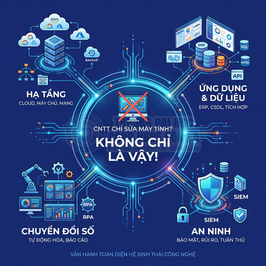 Mô hình hệ sinh thái công nghệ thông tin gồm hạ tầng cloud, ứng dụng dữ liệu, chuyển đổi số và an ninh mạng