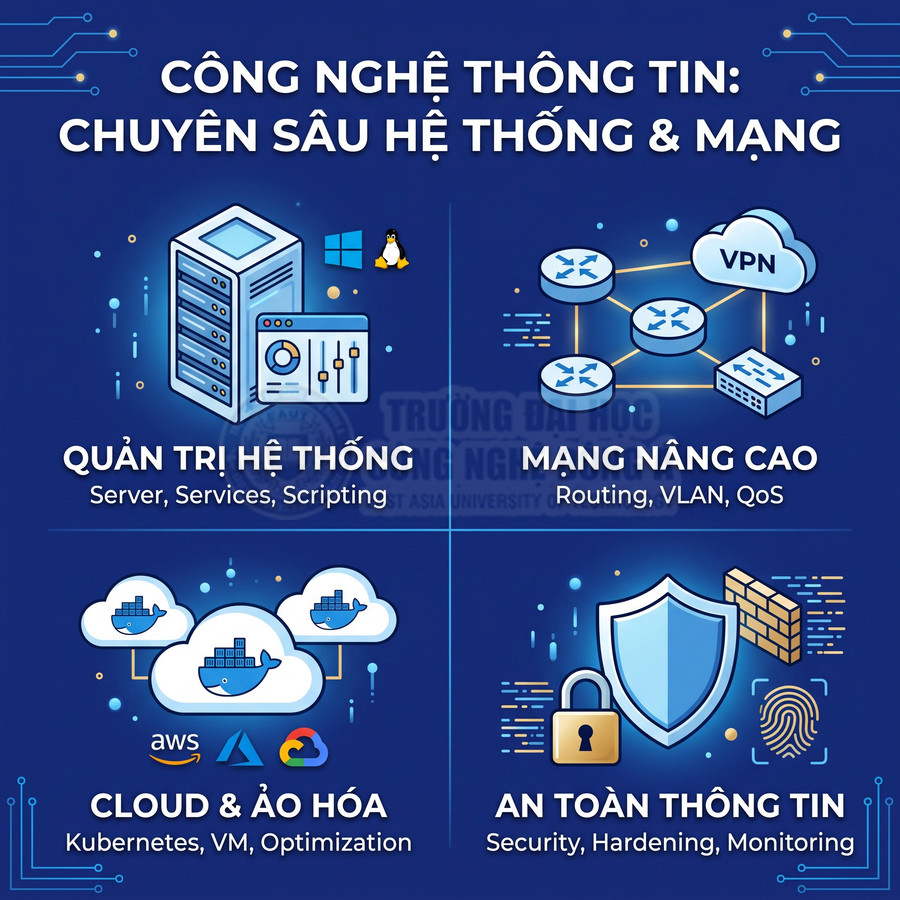 Poster giới thiệu ngành Công nghệ thông tin chuyên sâu hệ thống mạng, gồm quản trị hệ thống, mạng nâng cao, cloud và an toàn thông tin