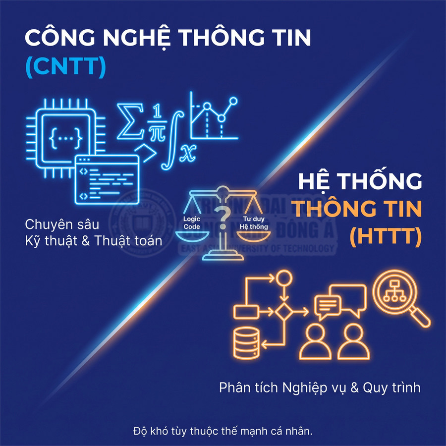So sánh ngành Công nghệ thông tin và Hệ thống thông tin với các biểu tượng kỹ thuật và phân tích nghiệp vụ